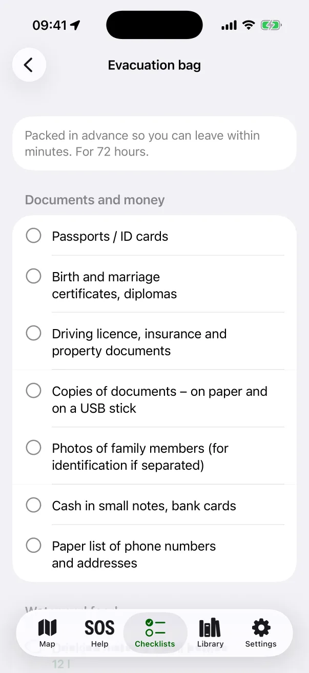 The “Evacuation bag” checklist