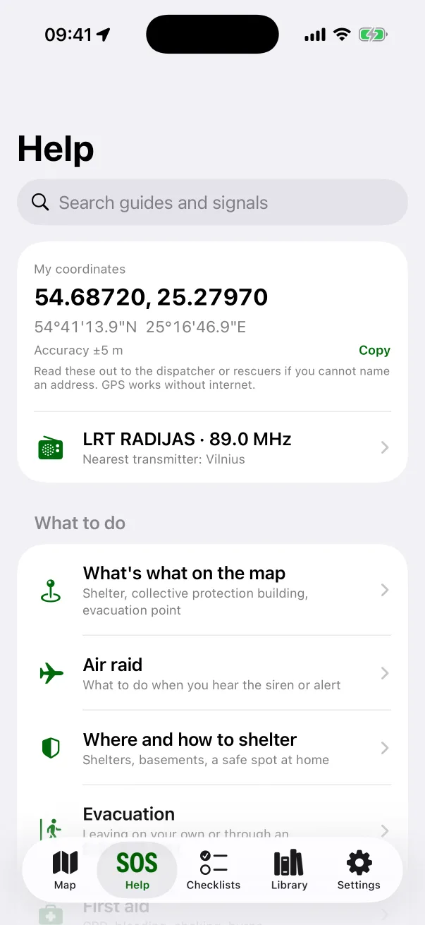 The Help tab: coordinates, LRT RADIJAS frequency, guides