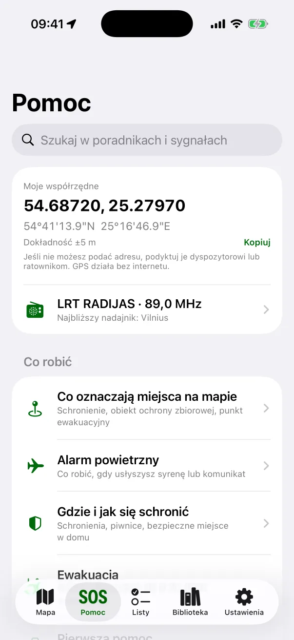Zakładka Pomoc: współrzędne, częstotliwość LRT RADIJAS, poradniki