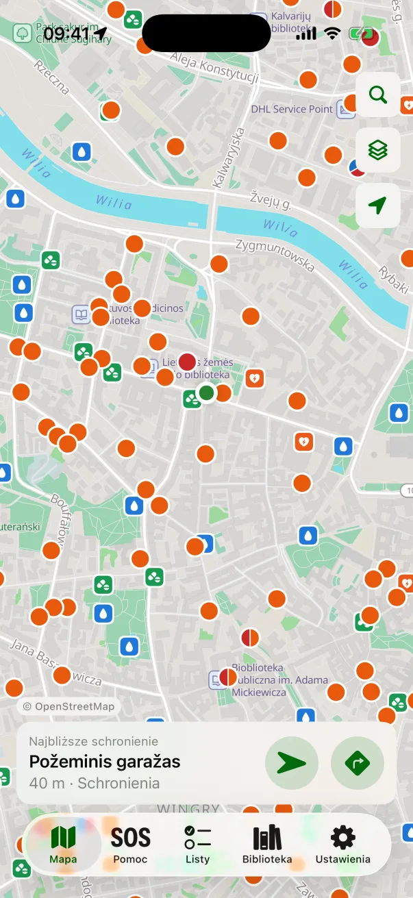 Mapa schronień w centrum miasta Vilnius z kartą najbliższego schronienia