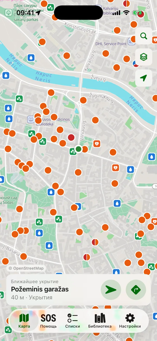 Карта с укрытиями в центре Вильнюса и карточкой ближайшего укрытия