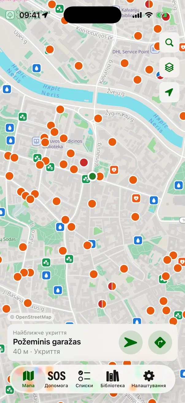Мапа укриттів у центрі Вільнюса з карткою найближчого укриття
